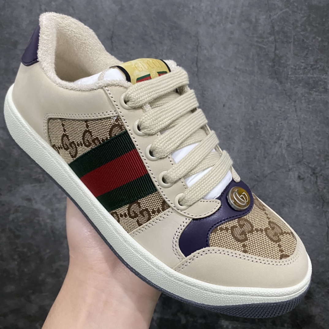 图片[3]-顶级代购版 Gucci做旧小脏鞋 ZP开发 原版开模 金属双G水晶圆柱形标 Gucci原版纹织带 真正水洗布标 鞋面擦色牛皮拼接经典双G布面料，皮面切口全油边封口工艺，原版毛巾布里细腻柔软更舒适透气，垫脚乳胶注塑一体，私模钢印，双色原版TPU大底(下层宽，上层窄) 配进口原版四边封干燥剂、原版18股鞋带，绿色盒子，与专柜配套包装一致 尺码：女34-40 男38-45-选品中心