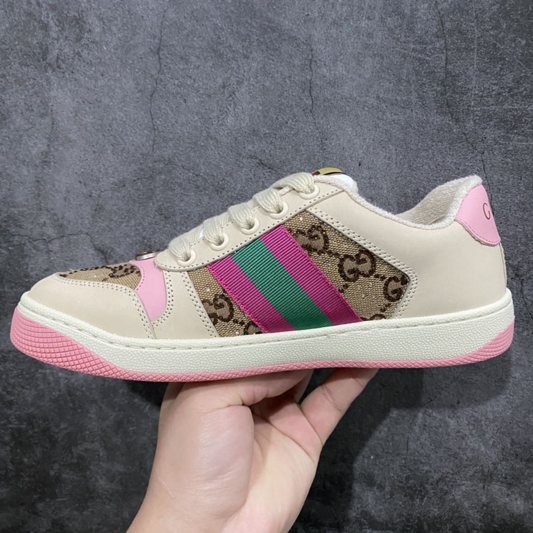 图片[2]-顶级代购版 Gucci做旧小脏鞋 ZP开发 原版开模 金属双G水晶圆柱形标 Gucci原版纹织带 真正水洗布标 鞋面擦色牛皮拼接经典双G布面料，皮面切口全油边封口工艺，原版毛巾布里细腻柔软更舒适透气，垫脚乳胶注塑一体，私模钢印，双色原版TPU大底(下层宽，上层窄) 配进口原版四边封干燥剂、原版18股鞋带，绿色盒子，与专柜配套包装一致 尺码：女34-40 男38-45-选品中心