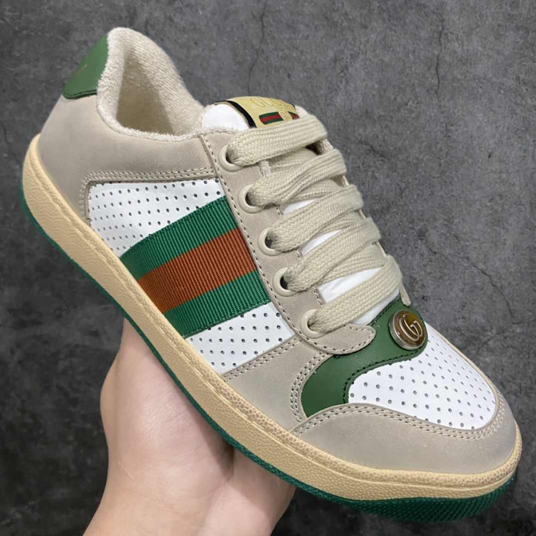 图片[3]-顶级代购版 Gucci做旧小脏鞋 ZP开发 原版开模 金属双G水晶圆柱形标 Gucci原版纹织带 真正水洗布标 鞋面擦色牛皮拼接经典双G布面料，皮面切口全油边封口工艺，原版毛巾布里细腻柔软更舒适透气，垫脚乳胶注塑一体，私模钢印，双色原版TPU大底(下层宽，上层窄) 配进口原版四边封干燥剂、原版18股鞋带，绿色盒子，与专柜配套包装一致 尺码：女34-40 男38-45-选品中心