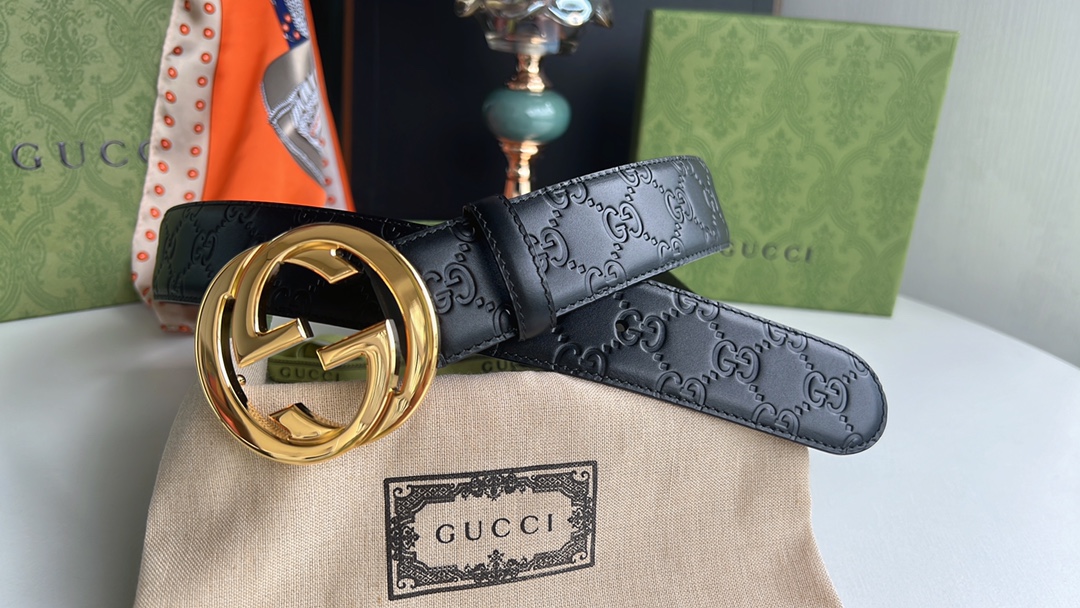 Gucci/古驰男款互扣式双G金属扣腰带