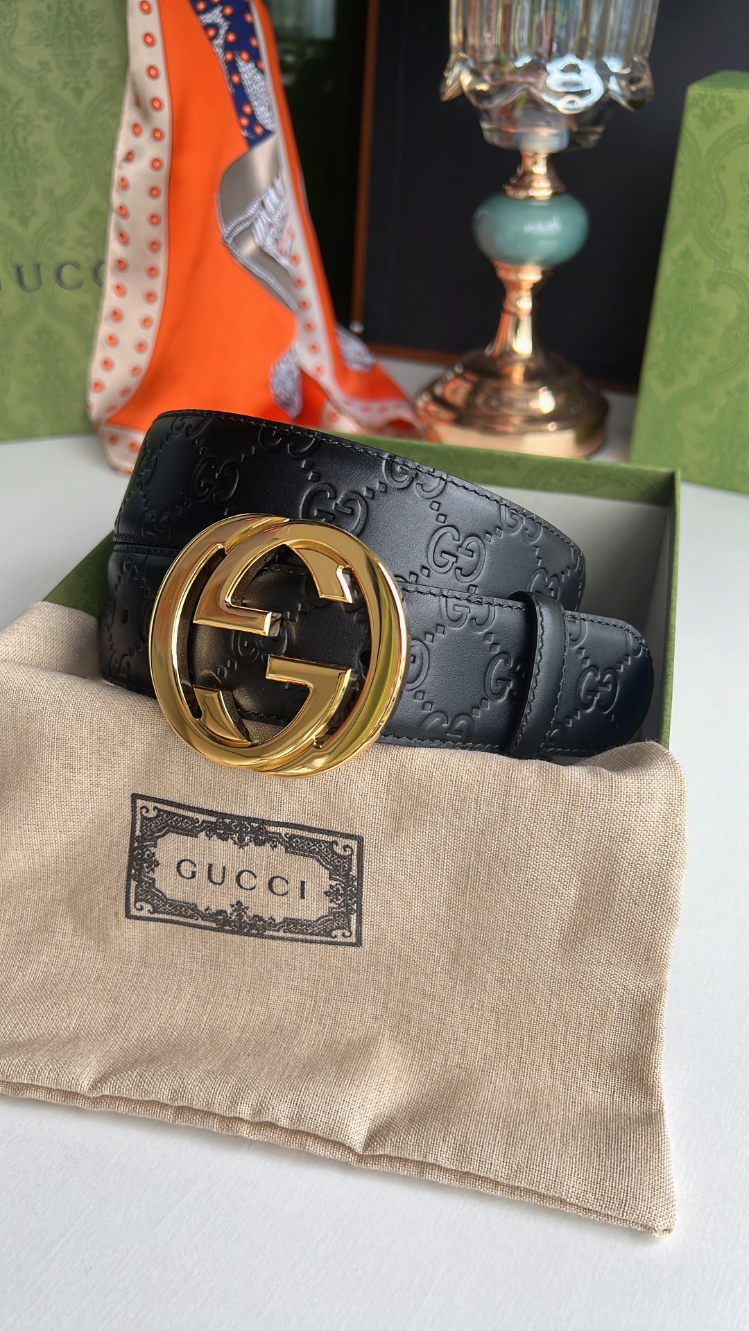 Gucci/古驰男款互扣式双G金属扣腰带