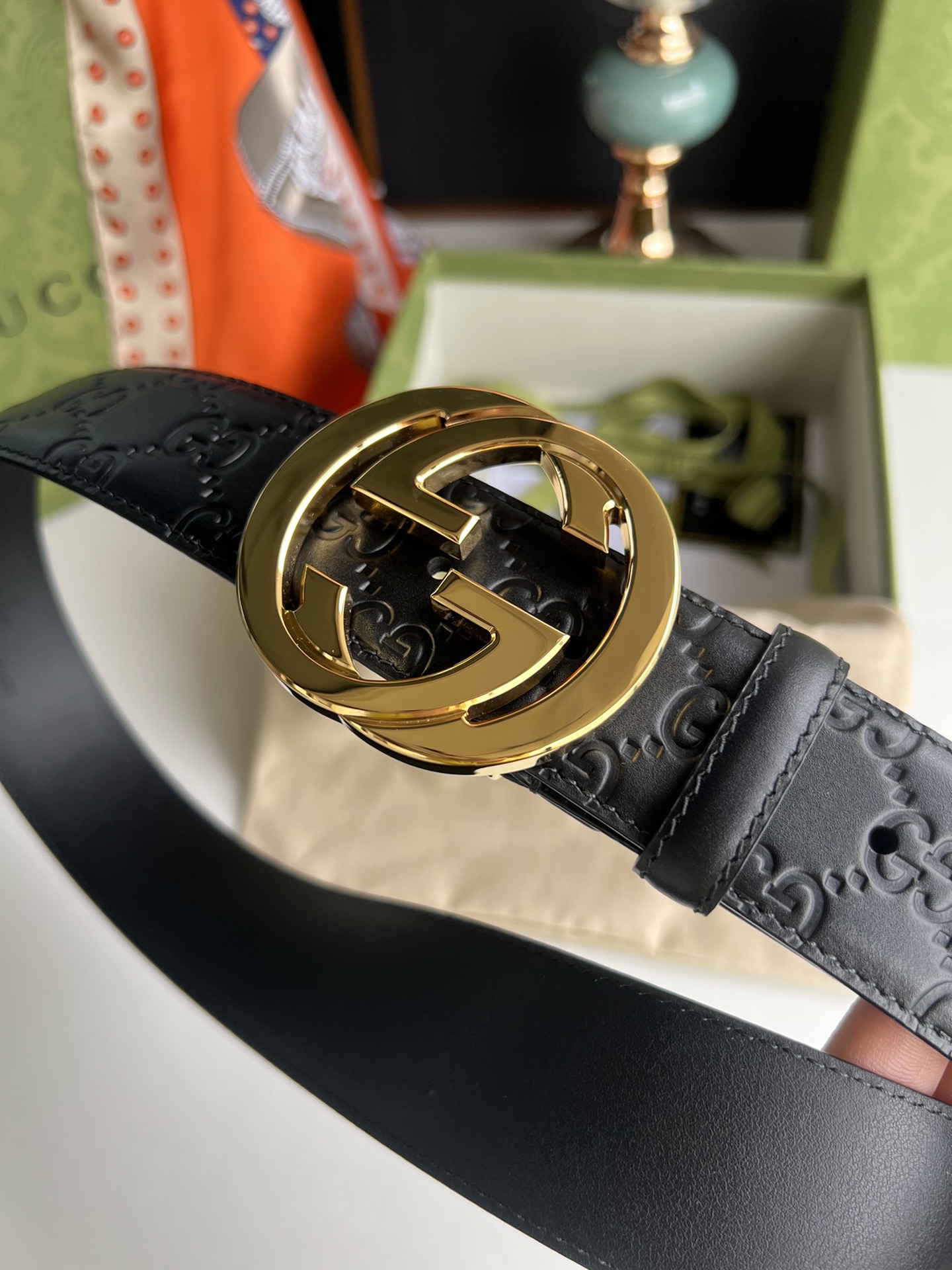 Gucci/古驰男款互扣式双G金属扣腰带