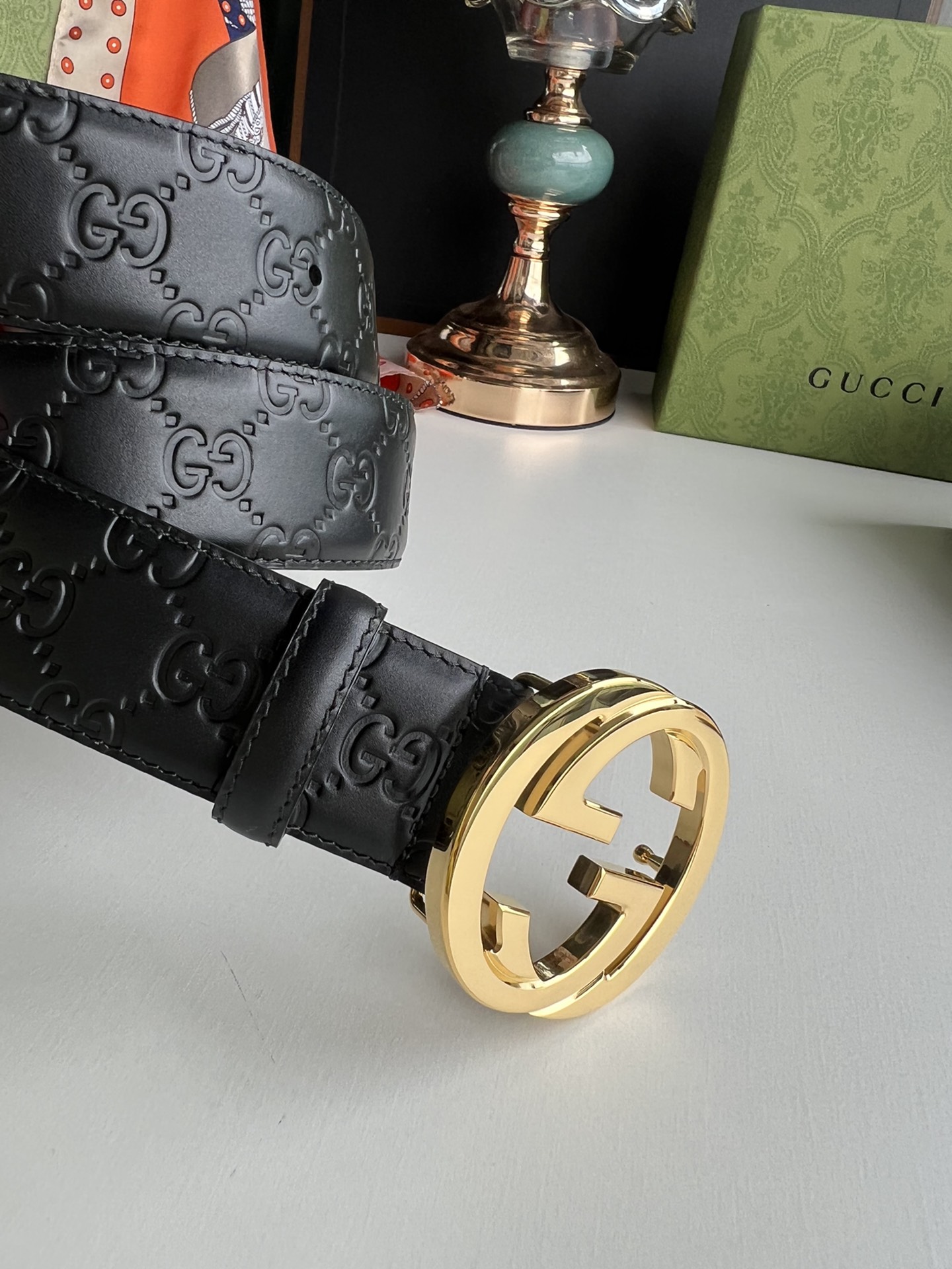Gucci/古驰男款互扣式双G金属扣腰带