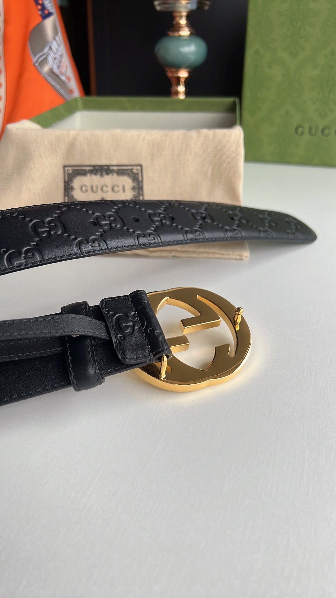 Gucci/古驰男款互扣式双G金属扣腰带