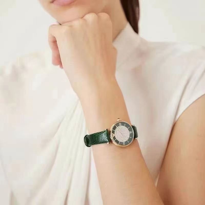 SJ出品 原单（Emporio Armani) 满天星手表 墨绿皮带 时尚休闲石英女士腕表