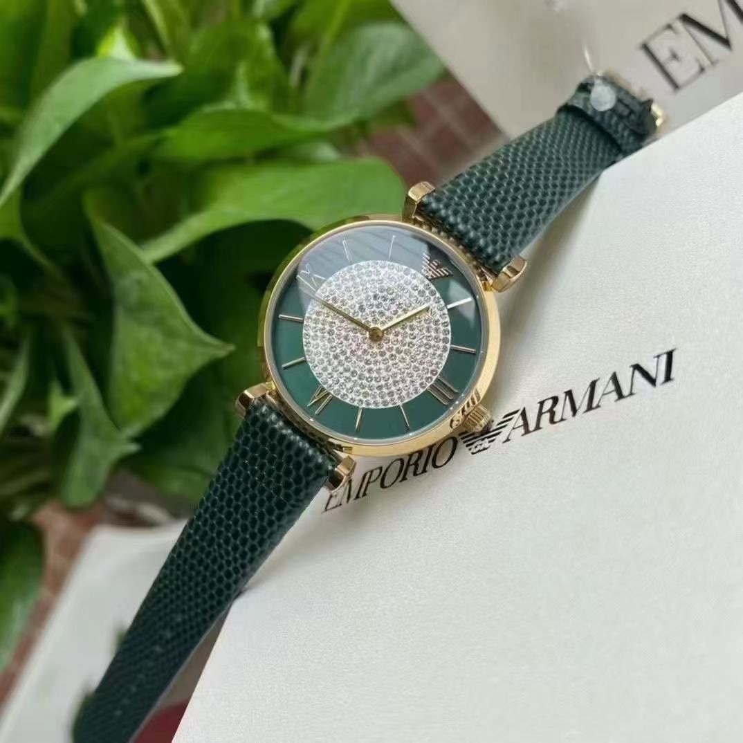 SJ出品 原单(Emporio Armani) 满天星手表 墨绿皮带 时尚休闲石英女士腕表