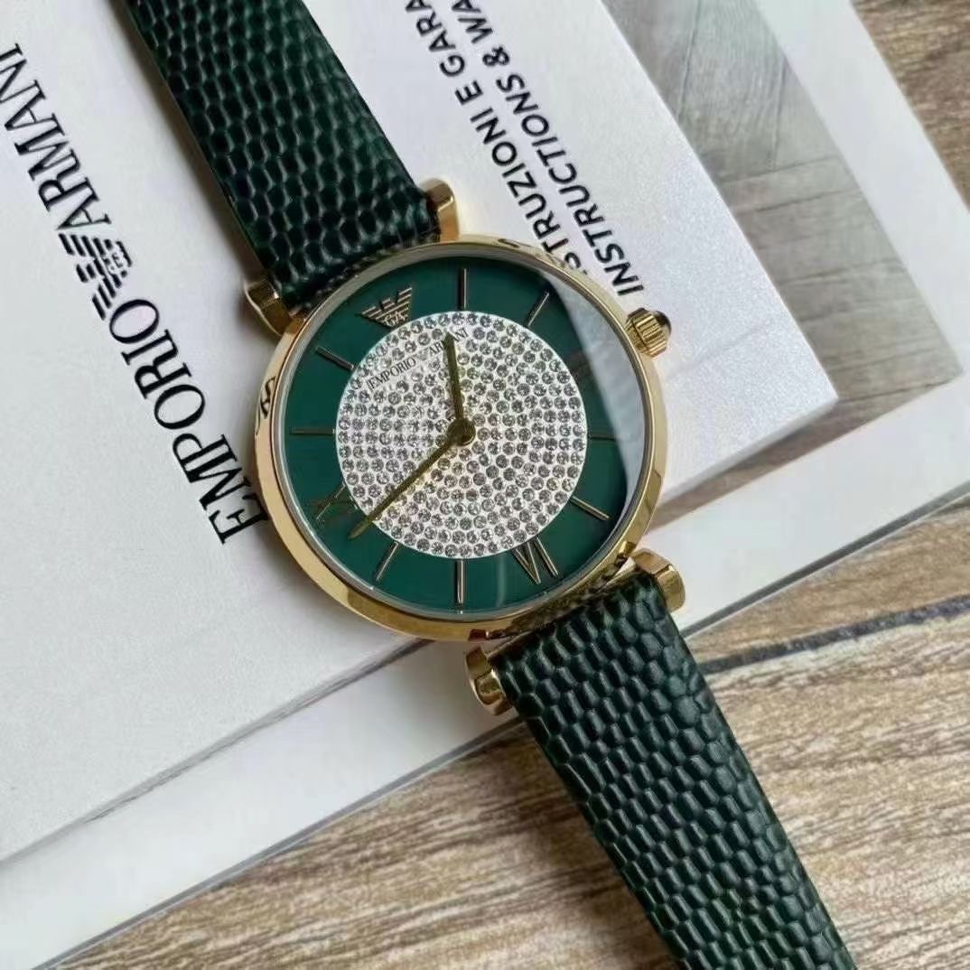SJ出品 原单(Emporio Armani) 满天星手表 墨绿皮带 时尚休闲石英女士腕表