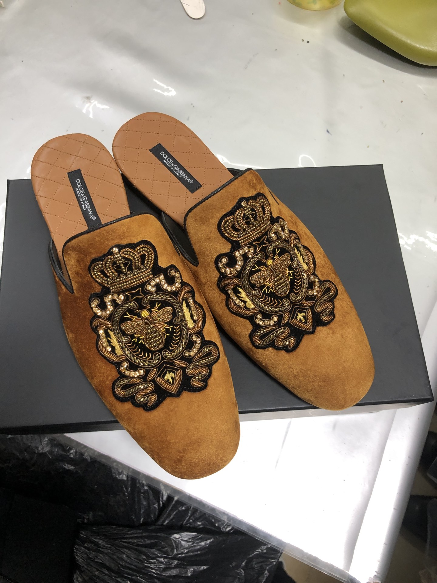 Dolce & Gabbana Velvet Slippers with Hand-Embroidered Bee and Crown
