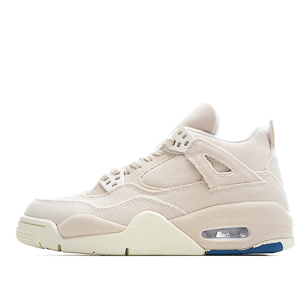 J5 纯原版本 耐克 Nike Air Jordan 4 Retro”Canvas” AJ4代复古休闲运动文化篮球鞋“米白帆布 小Levi’s”整体采用 Sail 帆白配色构建鞋身，中底特别采用帆布材质包裹，营造统一的质感表现。外底方面通过多彩喷墨装扮营造，鼓劢玩家也可参考，对简洁帆布鞋面进行 DIY 上色改造。细节方面也与传统的 Air Jordan 4 大不相同，鞋侧框架、网面以及后跟装饰均改用帆布示人，日常穿搭也会更为讨喜。