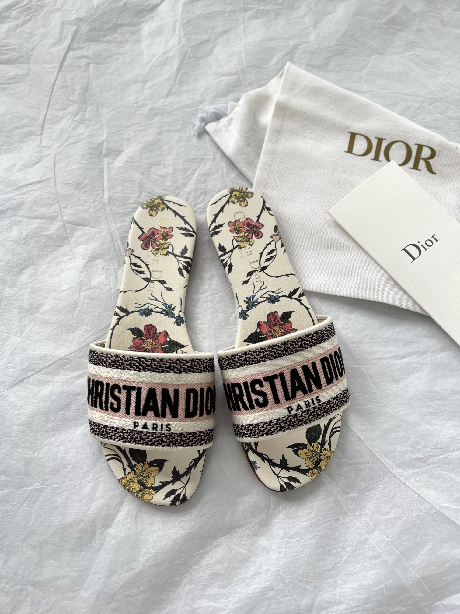 Dior Shoes Slippers Embroidery Cotton Cowhide Genuine Leather Spring/Summer Collection