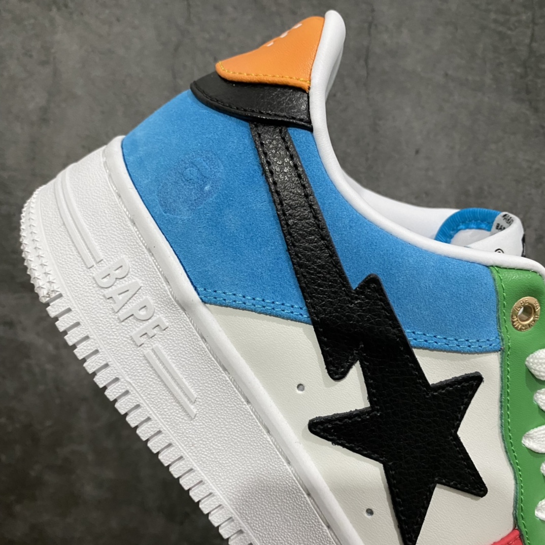 图片[5]-A Bathing Ape安逸猿 BAPE Sta Low 闪星系列低帮经典复古休闲运动板鞋\”奥运鸳鸯白天蓝桃粉绿黑黄\”1H20-191-048 2021年东京奥运会 BAPE® 带来全新奥运别注配色的 BAPE STA™ 可以看到整个鞋子是由象征奥运五环的蓝、红、黄、绿、黑组成 并且是左右脚自带鸳鸯效果 同时鞋身材质也是由麂皮、皮革等材质打造 细节上我们可以看到金色的猿人头鞋带扣以及后跟处的猿人头压印 绝对诚意满满。 尺码：36 36.5 37 38 38.5 39 40 40.5 41 42 42.5 43 44 44.5 45-选品中心