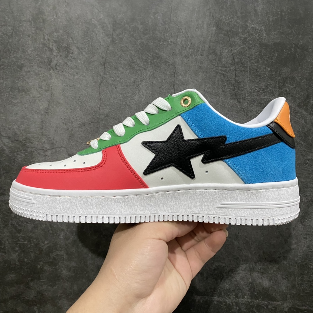 图片[2]-A Bathing Ape安逸猿 BAPE Sta Low 闪星系列低帮经典复古休闲运动板鞋\”奥运鸳鸯白天蓝桃粉绿黑黄\”1H20-191-048 2021年东京奥运会 BAPE® 带来全新奥运别注配色的 BAPE STA™ 可以看到整个鞋子是由象征奥运五环的蓝、红、黄、绿、黑组成 并且是左右脚自带鸳鸯效果 同时鞋身材质也是由麂皮、皮革等材质打造 细节上我们可以看到金色的猿人头鞋带扣以及后跟处的猿人头压印 绝对诚意满满。 尺码：36 36.5 37 38 38.5 39 40 40.5 41 42 42.5 43 44 44.5 45-选品中心