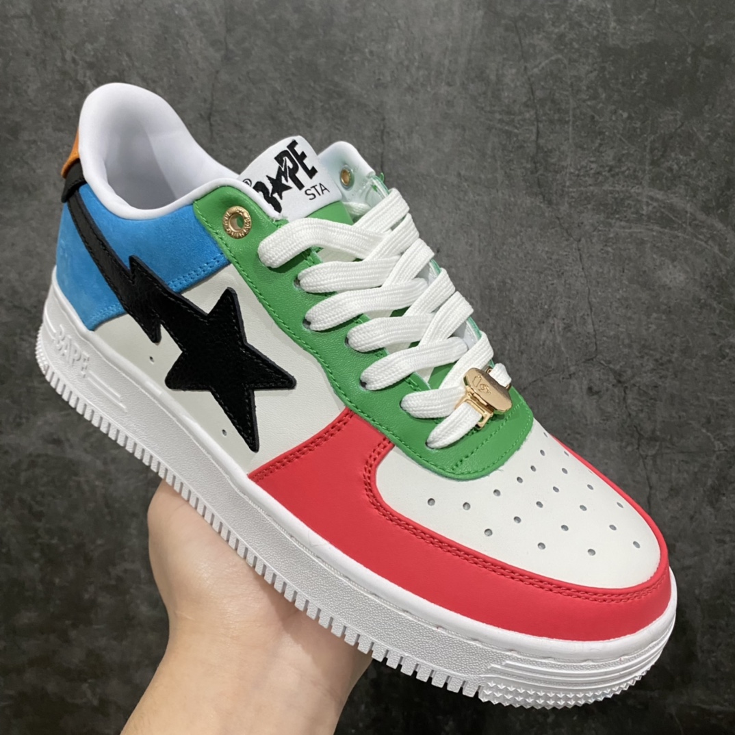 图片[3]-A Bathing Ape安逸猿 BAPE Sta Low 闪星系列低帮经典复古休闲运动板鞋\”奥运鸳鸯白天蓝桃粉绿黑黄\”1H20-191-048 2021年东京奥运会 BAPE® 带来全新奥运别注配色的 BAPE STA™ 可以看到整个鞋子是由象征奥运五环的蓝、红、黄、绿、黑组成 并且是左右脚自带鸳鸯效果 同时鞋身材质也是由麂皮、皮革等材质打造 细节上我们可以看到金色的猿人头鞋带扣以及后跟处的猿人头压印 绝对诚意满满。 尺码：36 36.5 37 38 38.5 39 40 40.5 41 42 42.5 43 44 44.5 45-选品中心