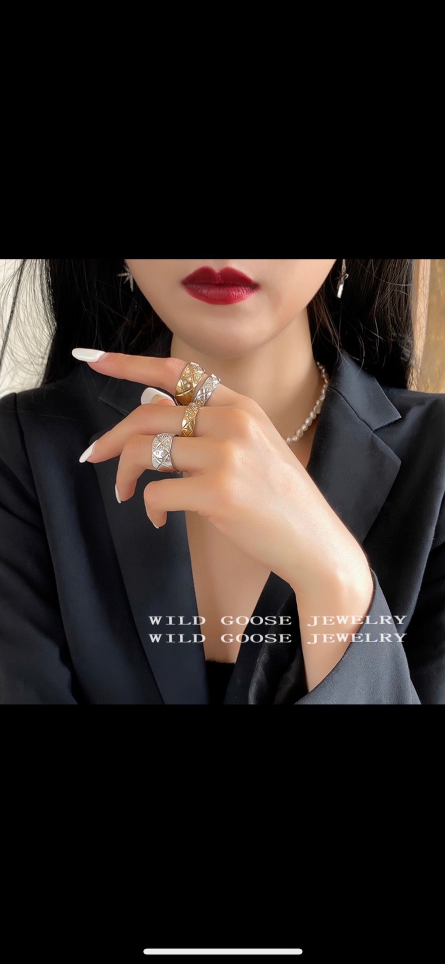 Chanel 小香 Chanel 宽版菱格戒指 高端定制亚金镶嵌 高碳钻 一面带钻 一面 菱格