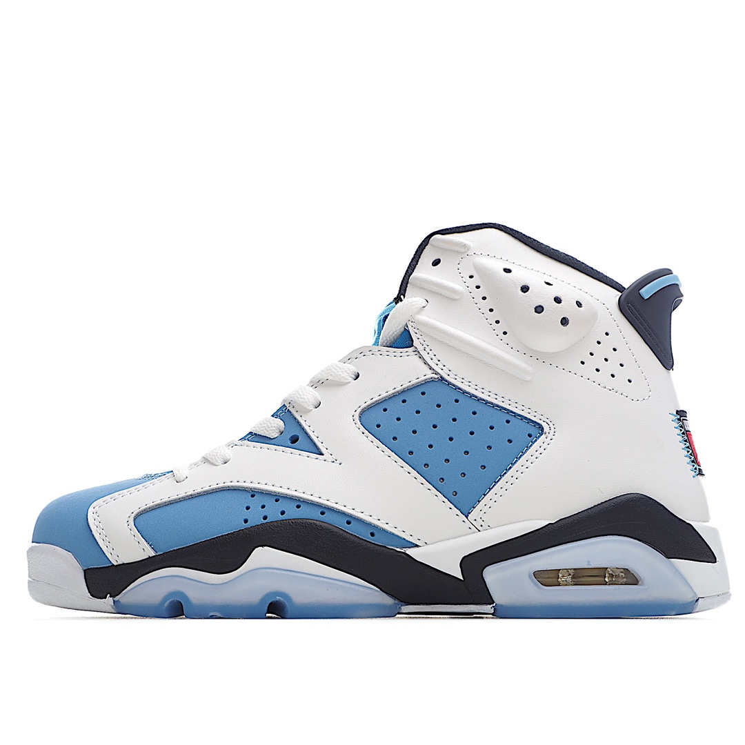 J0 Air Jordan “University Blue” AJ6 乔6北卡蓝 CT8529-410鞋款在后跟部位做了特殊的处理，并没有以常见的”Nike”或者”Jumoman Logo”呈现，而是将类似球衣下摆的标签缝了上去，辨识度超级高。