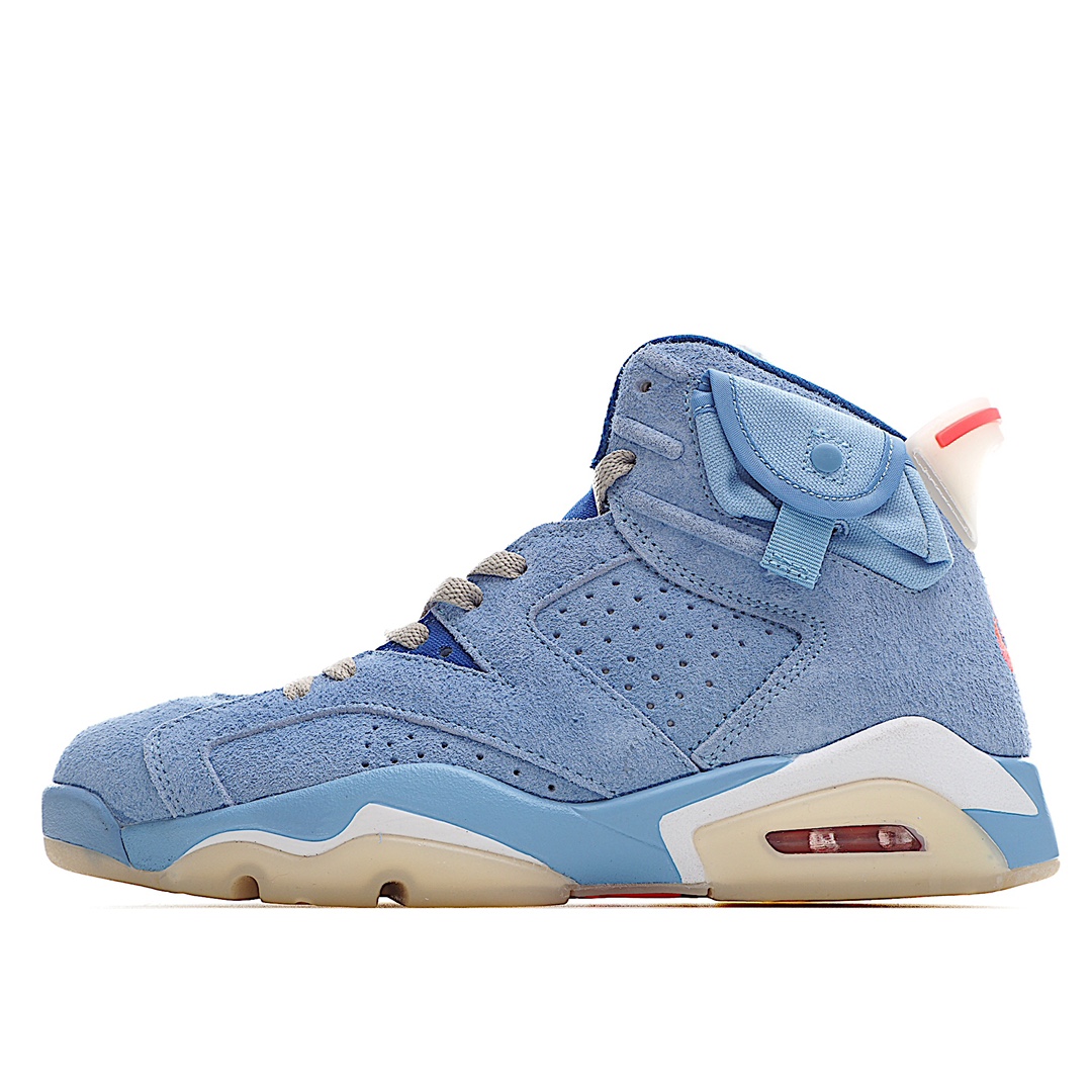 K0 纯原 Travis Scott x Air Jordan 6 重磅联名ST鬼脸 新配色蓝麂皮 鞋面采用台产长绒“腐烂”麂皮，夜光效果及3M反光 追求原厂工艺，刺绣饱满立体原厂大底纸板钢印 鬼脸烫画正确美观 真实大底气垫 清晰可视小窗特别是两边口袋作工精细完美 拒绝一眼假整鞋用料质感厚重 针车难度极大 非一般工厂所能完成 整体鞋型收腰底趴
