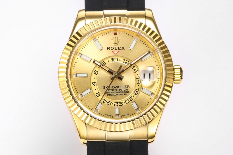 Rolex Sky-Dweller Gold Dial Black Rubber Strap Automatic Men's Watch 1 Rolex Sky-Dweller Gold Dial Black Rubber Strap Automatic Men's Watch