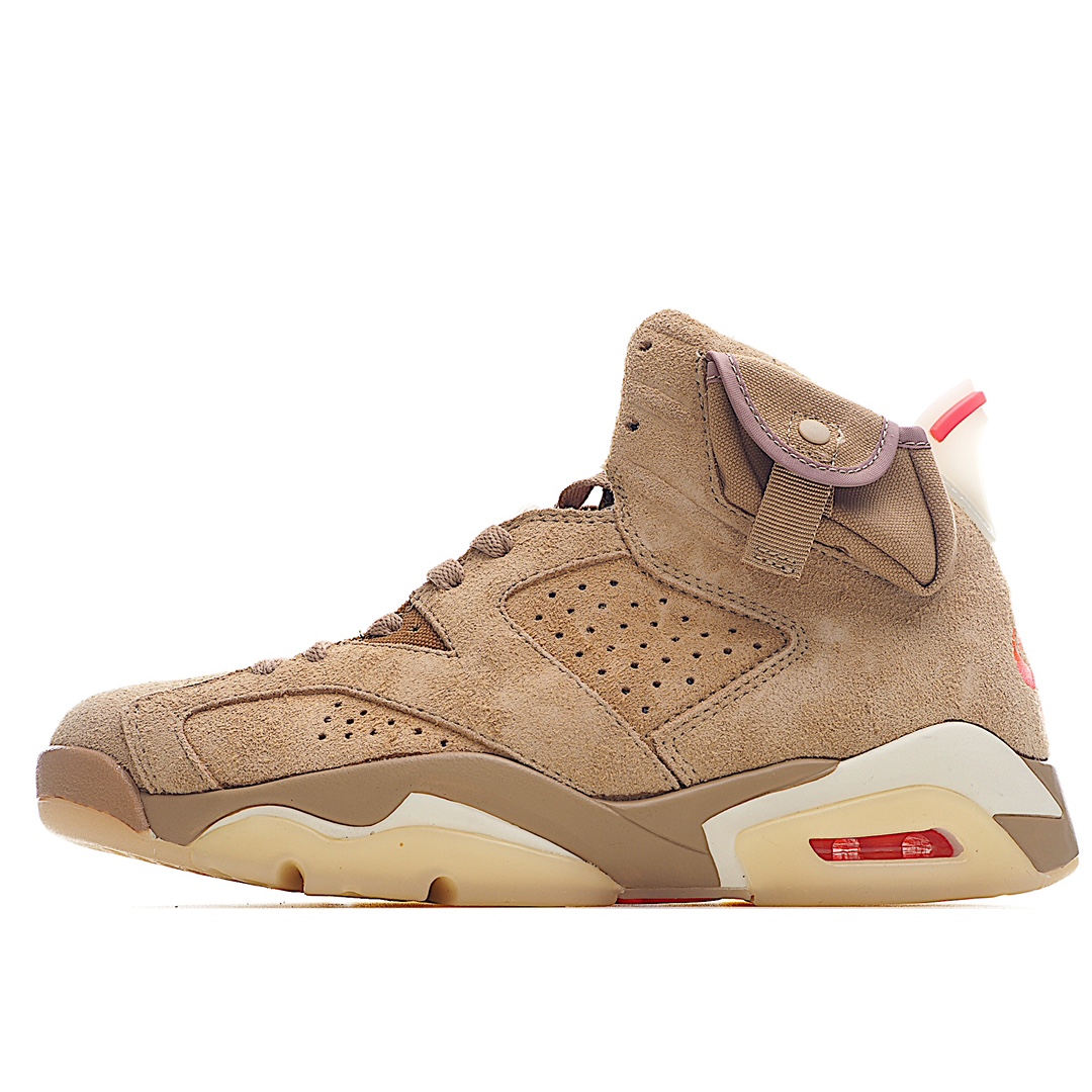 K0 纯原Travis Scott Air Jordan 6 British Khaki 夜光反光篮球鞋 全新的 Travis Scott x Air Jordan 6 采用了不同于前作的翻毛皮材质，以棕色色调贯穿全身。红色 Jumpman Logo 居中点缀，鞋舌侧边缀有 Travis Scott Logo，并且极具工装韵味，很好穿搭极具街头辨识度。细节设计与此前大不相同，鞋帮内侧位置以拉链设计妆点，中底上缀有 Travis Scott 经典的笑脸 Logo。最后以乳白色水晶大底收尾，并缀以笑脸 Logo 和镜像的 Travis Scott 字样，完善整体造型设计。