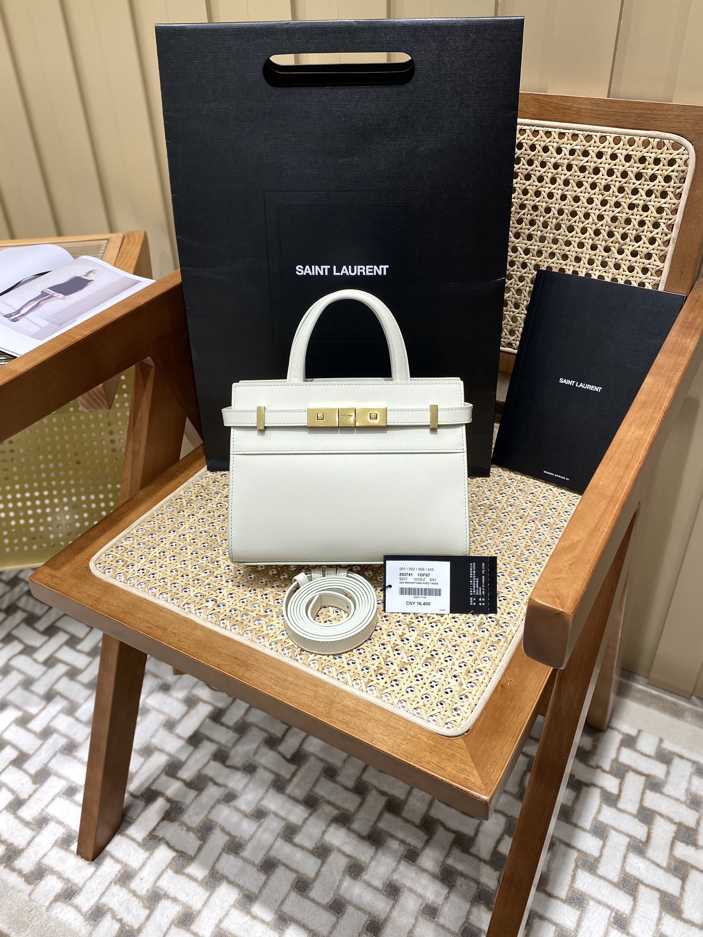 Ysl 𝑴𝑨𝑵𝑯𝑨𝑻𝑻𝑨𝑵 𝑵𝑨𝑵𝑶曼哈顿手提包 牙签纹奶白色金扣593741