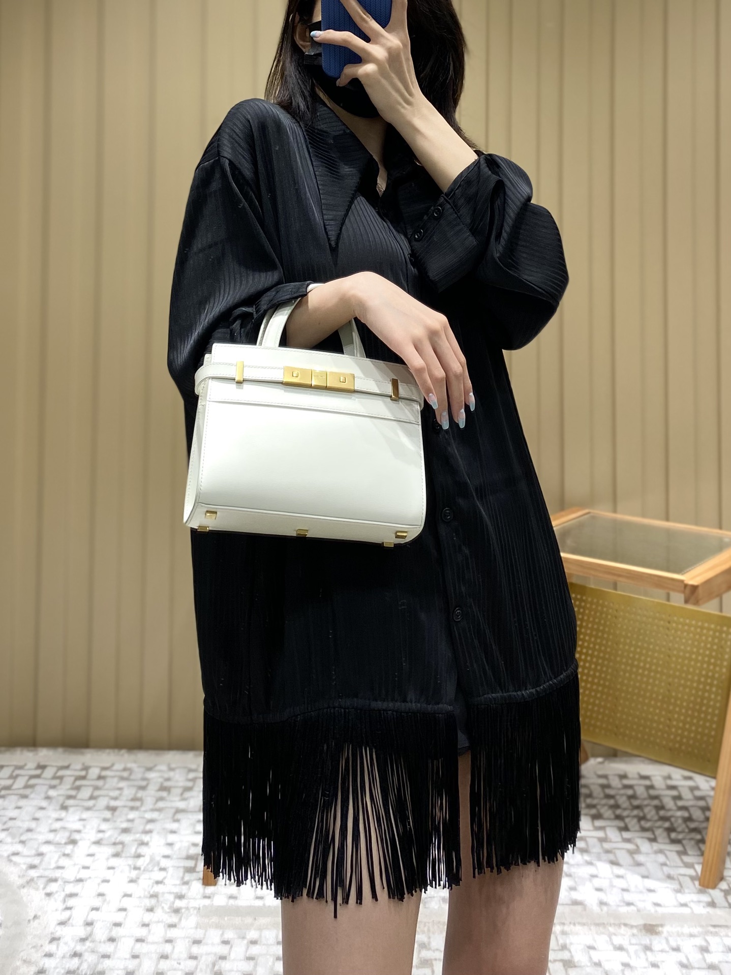 Ysl 𝑴𝑨𝑵𝑯𝑨𝑻𝑻𝑨𝑵 𝑵𝑨𝑵𝑶曼哈顿手提包 牙签纹奶白色金扣593741