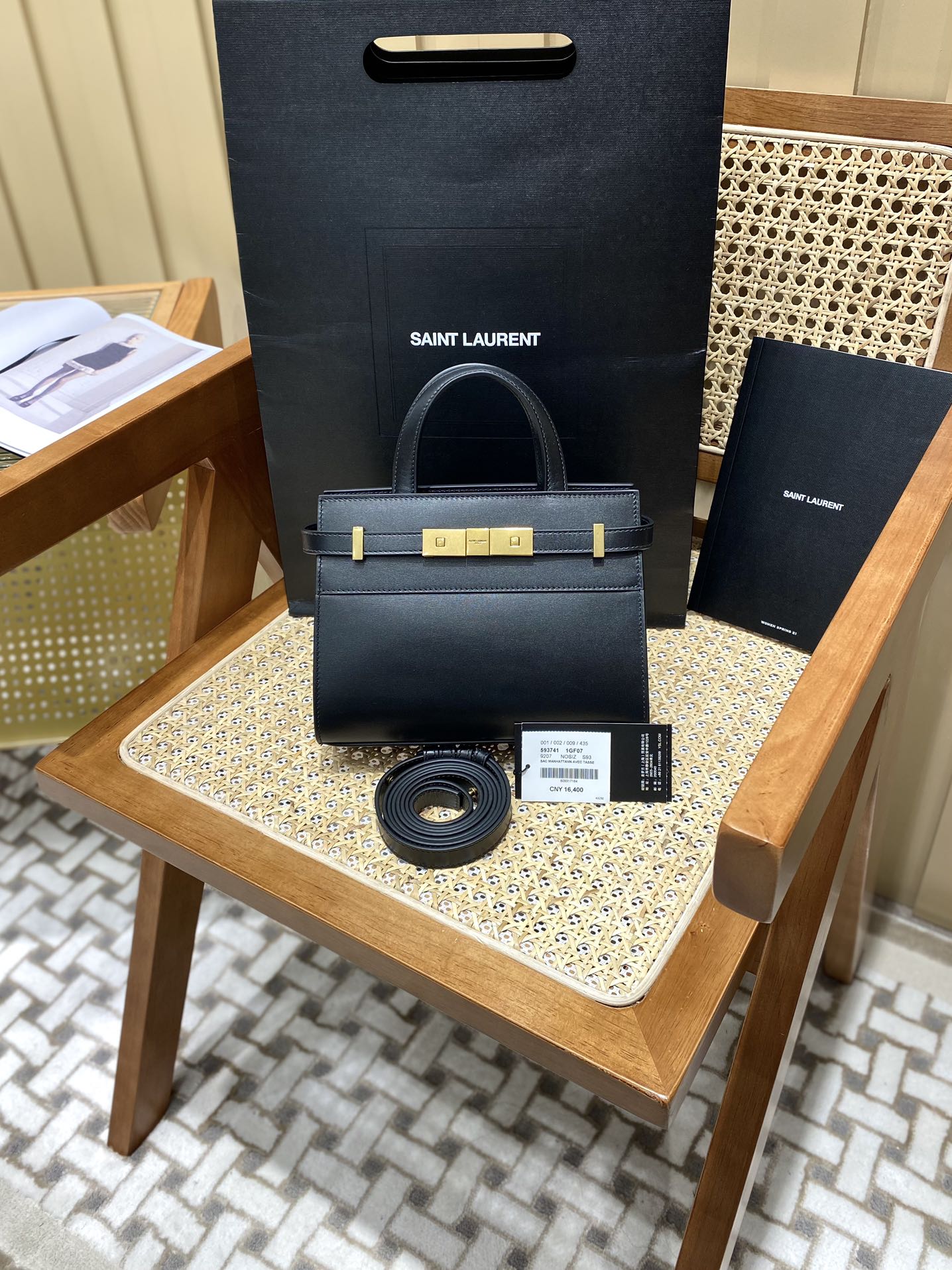 Ysl 𝑴𝑨𝑵𝑯𝑨𝑻𝑻𝑨𝑵 𝑵𝑨𝑵𝑶曼哈顿手提包 牙签纹黑色金扣593741