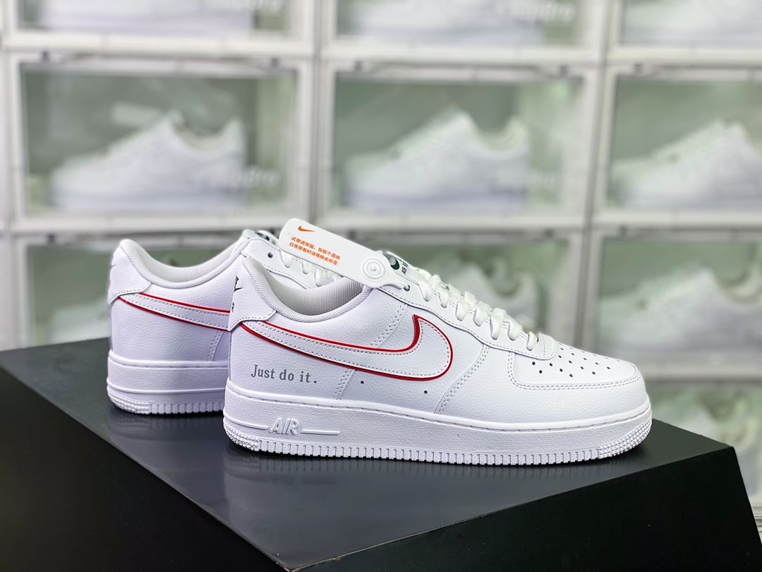 G0 男女鞋真标带半码升级原楦开发版型采用硬质头层荔枝纹皮革鞋面材质内置全掌air sole气垫官方新色，耐克Nike Air Force 1 ’07 Lv8″White/Red”空军一号经典低帮百搭休闲运动板鞋“皮革白红边钩”DQ0791- F5