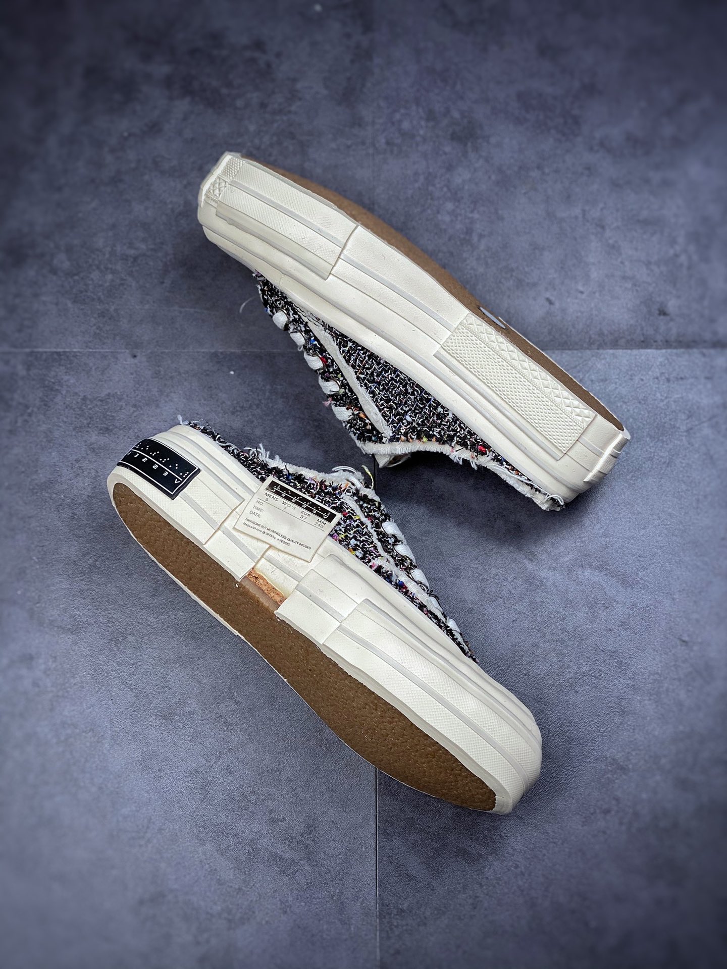 350  吴建豪个人新锐品牌xVESSEL G.O.P. Slip on Mule Black Tweed 重工解构厚底软木百搭乞丐风增高半拖懒人F21X32B