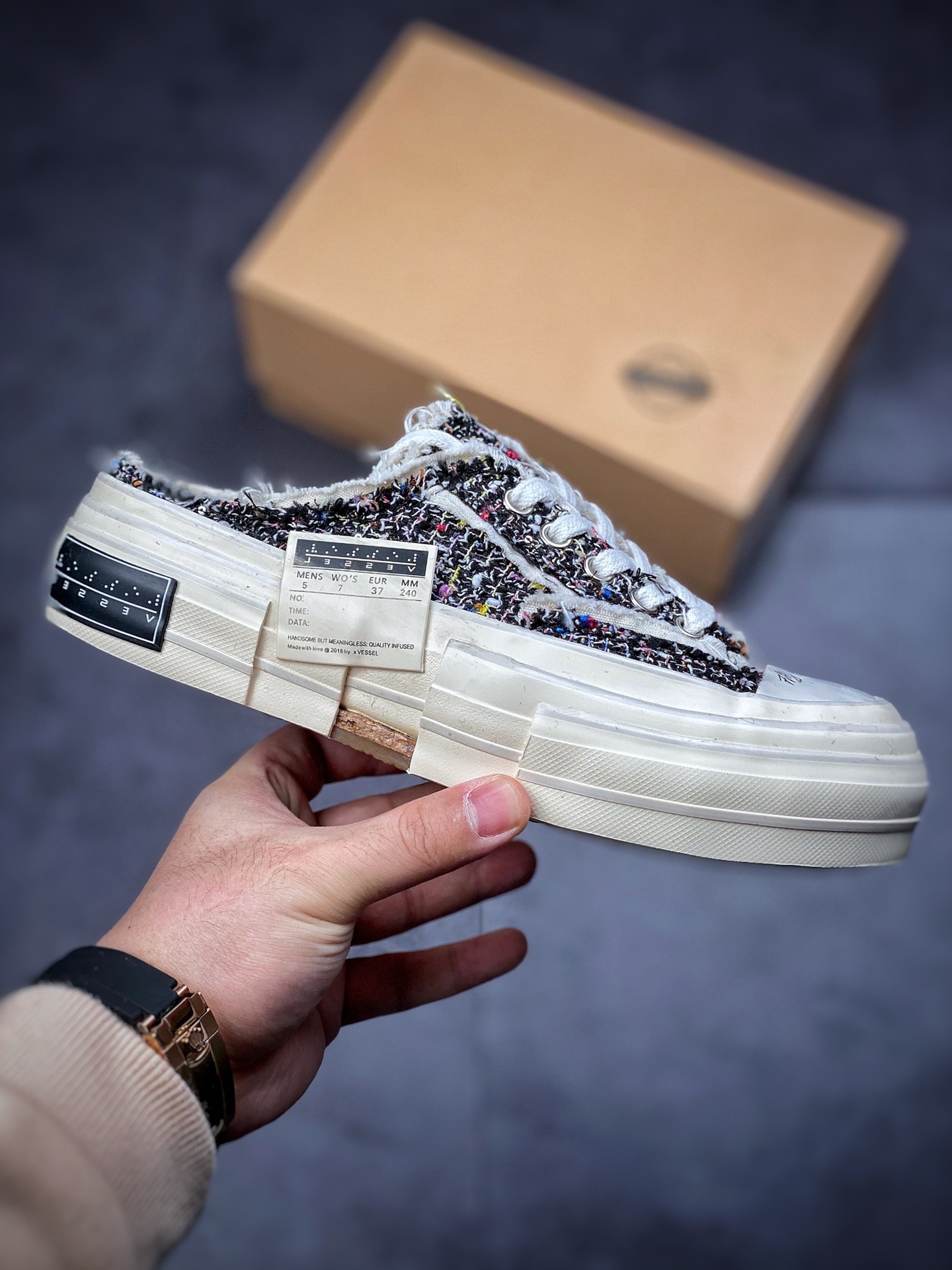 350  吴建豪个人新锐品牌xVESSEL G.O.P. Slip on Mule Black Tweed 重工解构厚底软木百搭乞丐风增高半拖懒人F21X32B