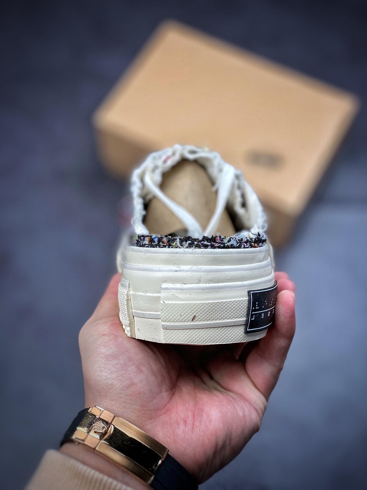 350  吴建豪个人新锐品牌xVESSEL G.O.P. Slip on Mule Black Tweed 重工解构厚底软木百搭乞丐风增高半拖懒人F21X32B