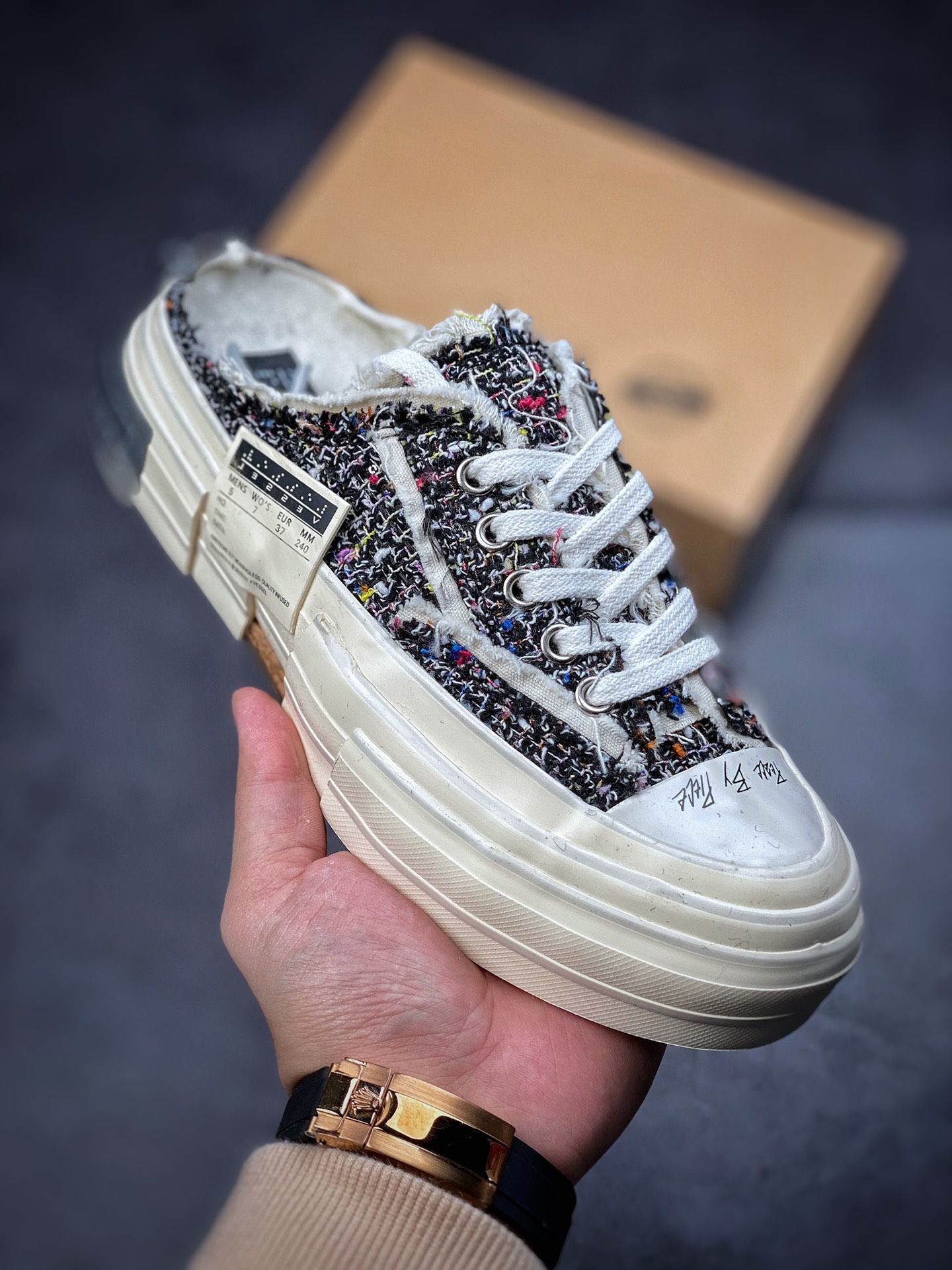 350  吴建豪个人新锐品牌xVESSEL G.O.P. Slip on Mule Black Tweed 重工解构厚底软木百搭乞丐风增高半拖懒人F21X32B