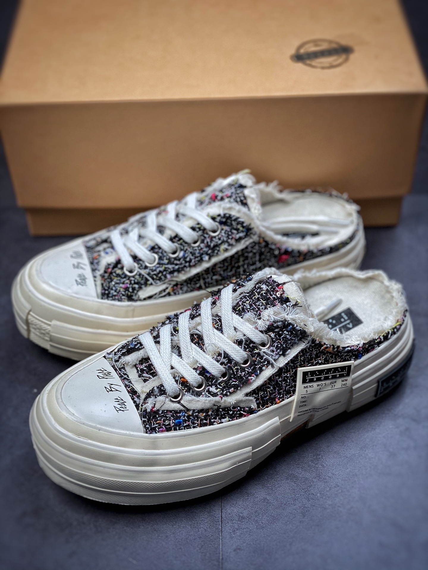 350  吴建豪个人新锐品牌xVESSEL G.O.P. Slip on Mule Black Tweed 重工解构厚底软木百搭乞丐风增高半拖懒人F21X32B