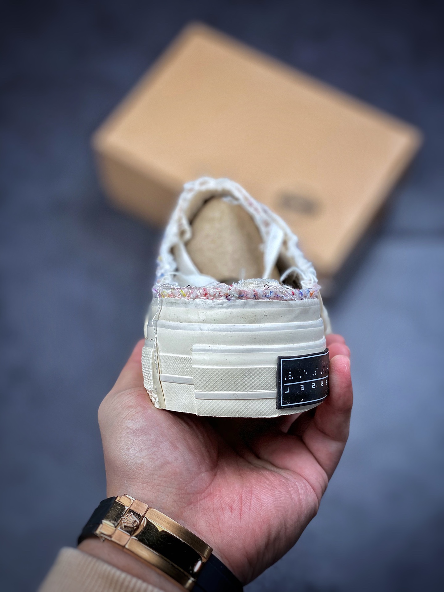 350  吴建豪个人新锐品牌xVESSEL G.O.P. Slip on Mule Black Tweed 重工解构厚底软木百搭F21X32P