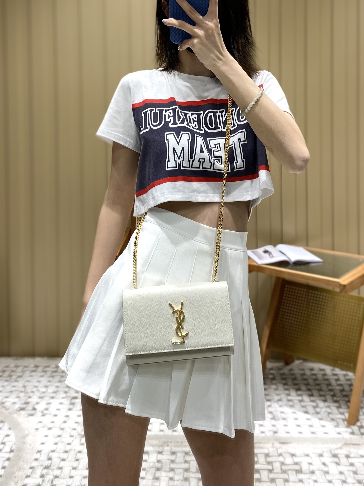 Saint laurent Ysl 𝙆𝙖𝙩𝙚 20𝙘𝙢 链条包 469390白色球纹金扣