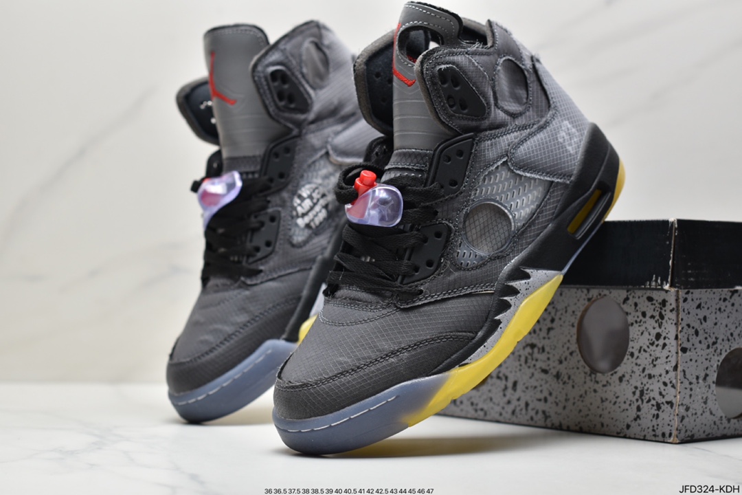 170 Off-White x Air Jordan Retro 5”Black/Muslin-Fire Red”乔丹AJ5代篮球鞋“OW灰黑黄3M”CT8480-001