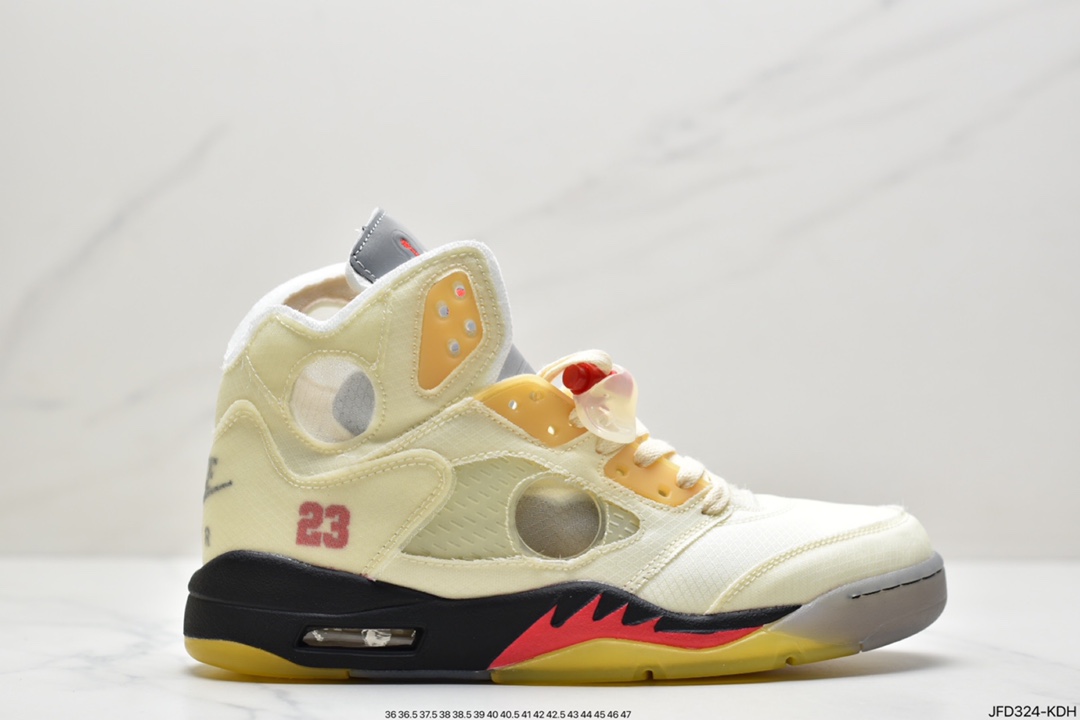 170 Off-White x Air Jordan Retro 5”Black/Muslin-Fire Red”乔丹AJ5代篮球鞋“OW灰黑黄3M”CT8480-001