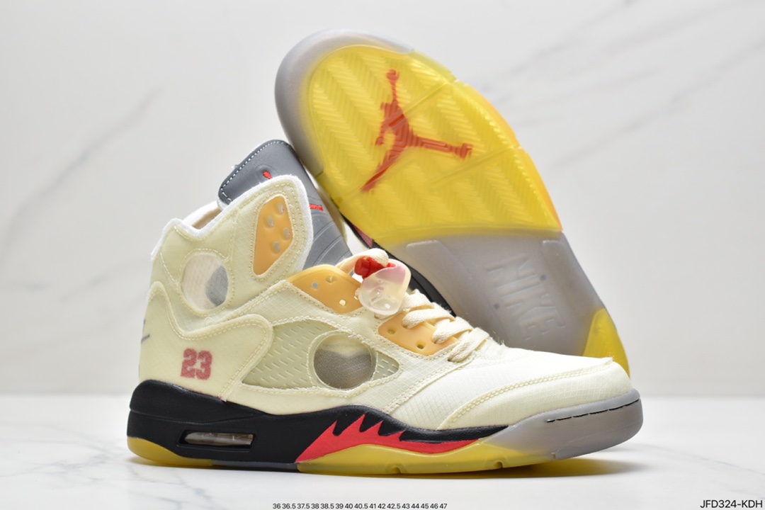 170 Off-White x Air Jordan Retro 5”Black/Muslin-Fire Red”乔丹AJ5代篮球鞋“OW灰黑黄3M”CT8480-001