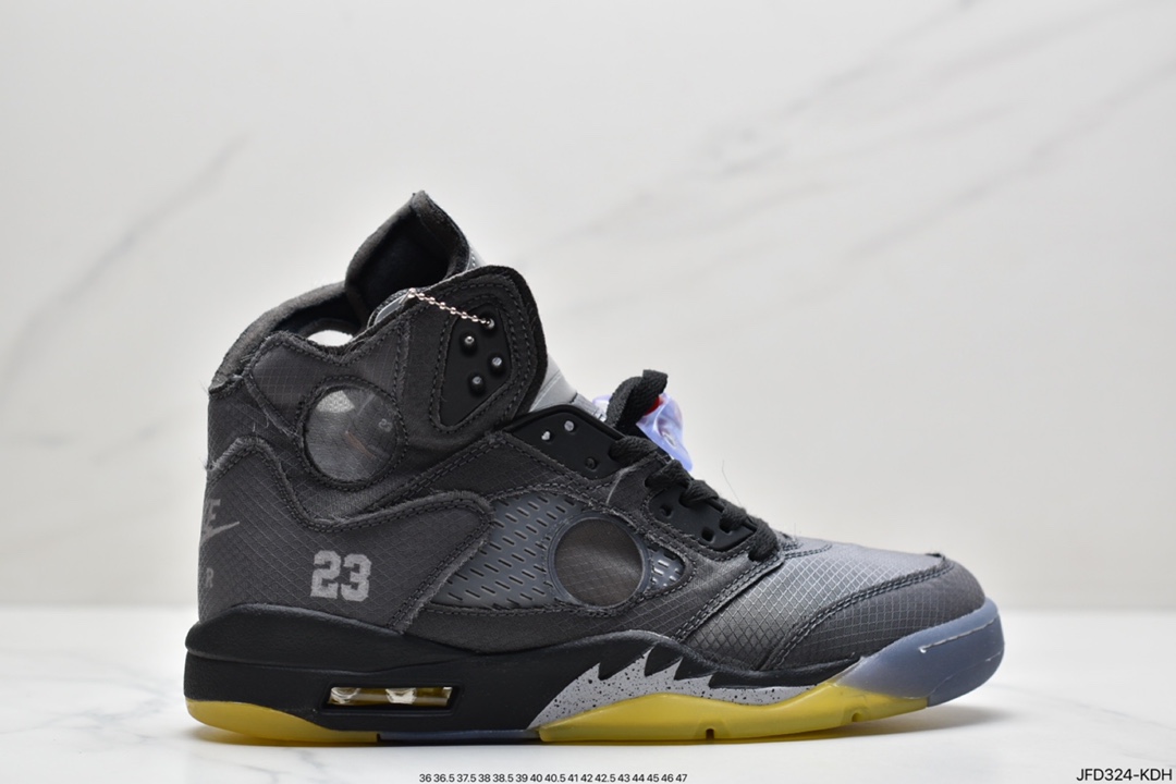 170 Off-White x Air Jordan Retro 5”Black/Muslin-Fire Red”乔丹AJ5代篮球鞋“OW灰黑黄3M”CT8480-001