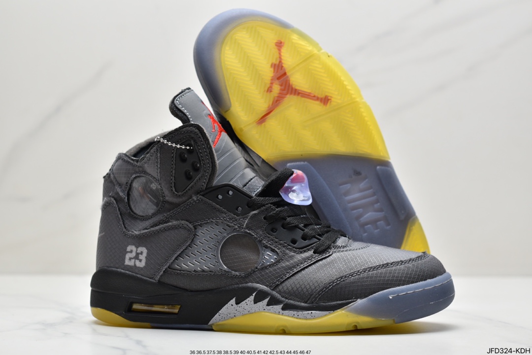 170 Off-White x Air Jordan Retro 5”Black/Muslin-Fire Red”乔丹AJ5代篮球鞋“OW灰黑黄3M”CT8480-001