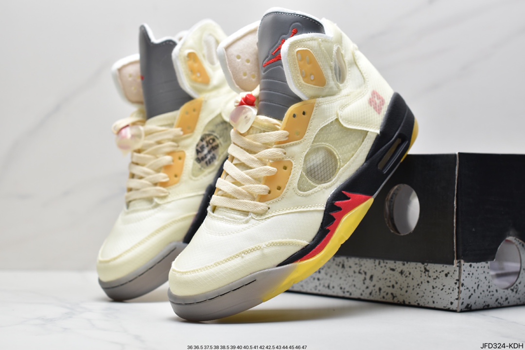 170 Off-White x Air Jordan Retro 5”Black/Muslin-Fire Red”乔丹AJ5代篮球鞋“OW灰黑黄3M”CT8480-001