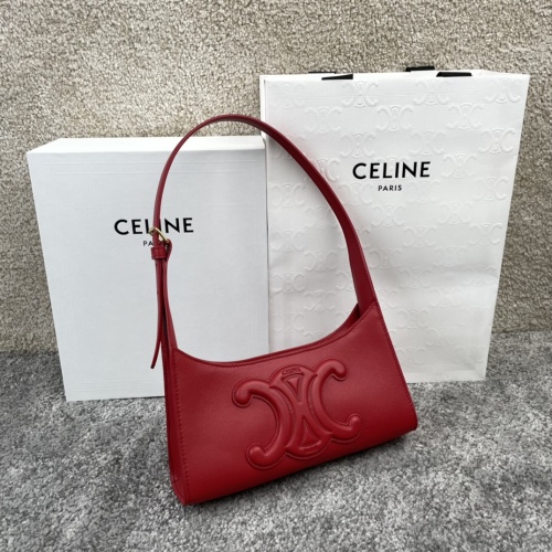 Celine Triomphe Bag: Red Leather Shoulder Bag with Adjustable Strap 1 Celine Triomphe Bag: Red Leather Shoulder Bag with Adjustable Strap