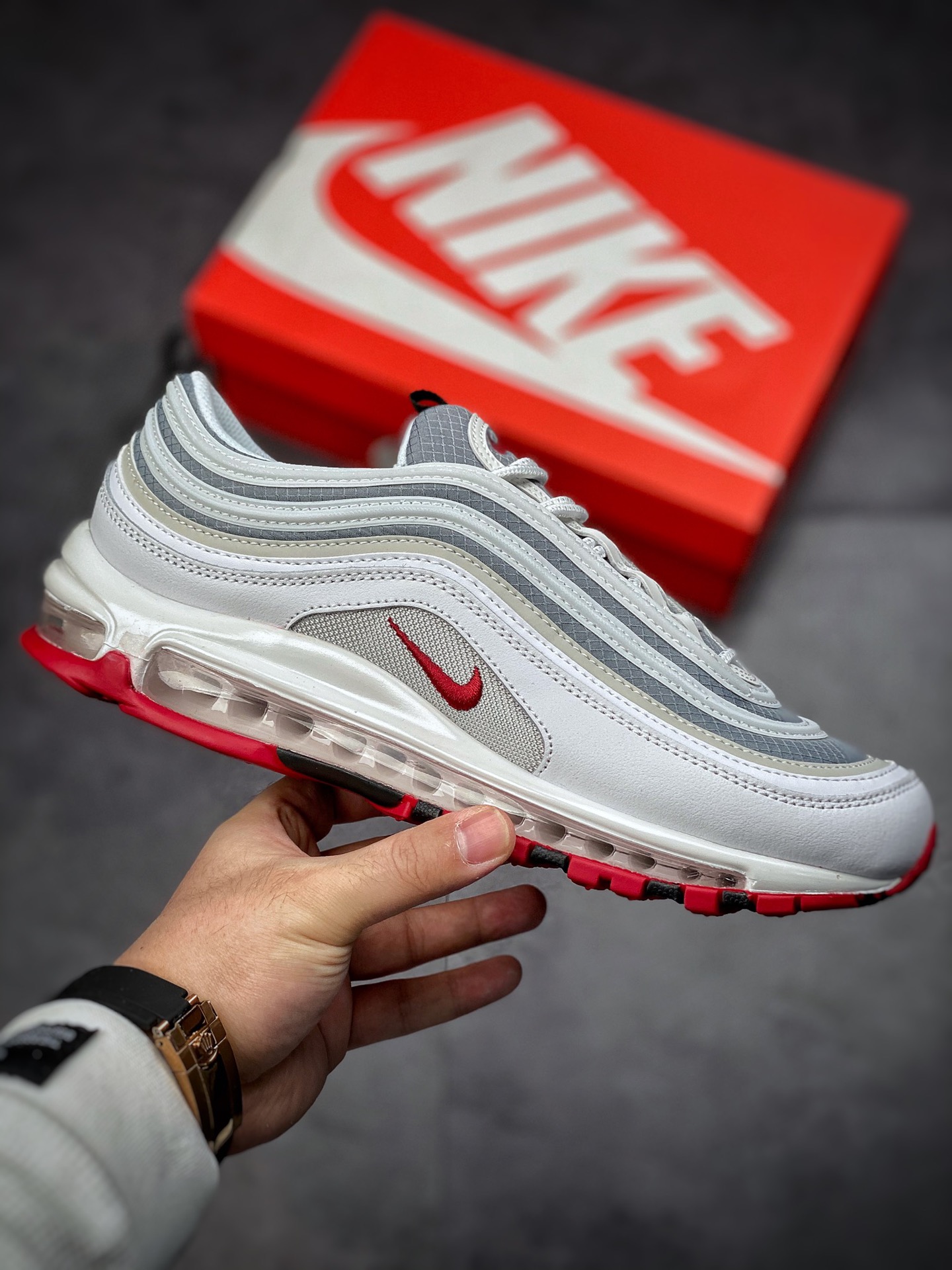 240  Nike Air Max 97  复古子弹 气垫百搭休闲运动慢跑鞋 白银灰红 DM0027-100