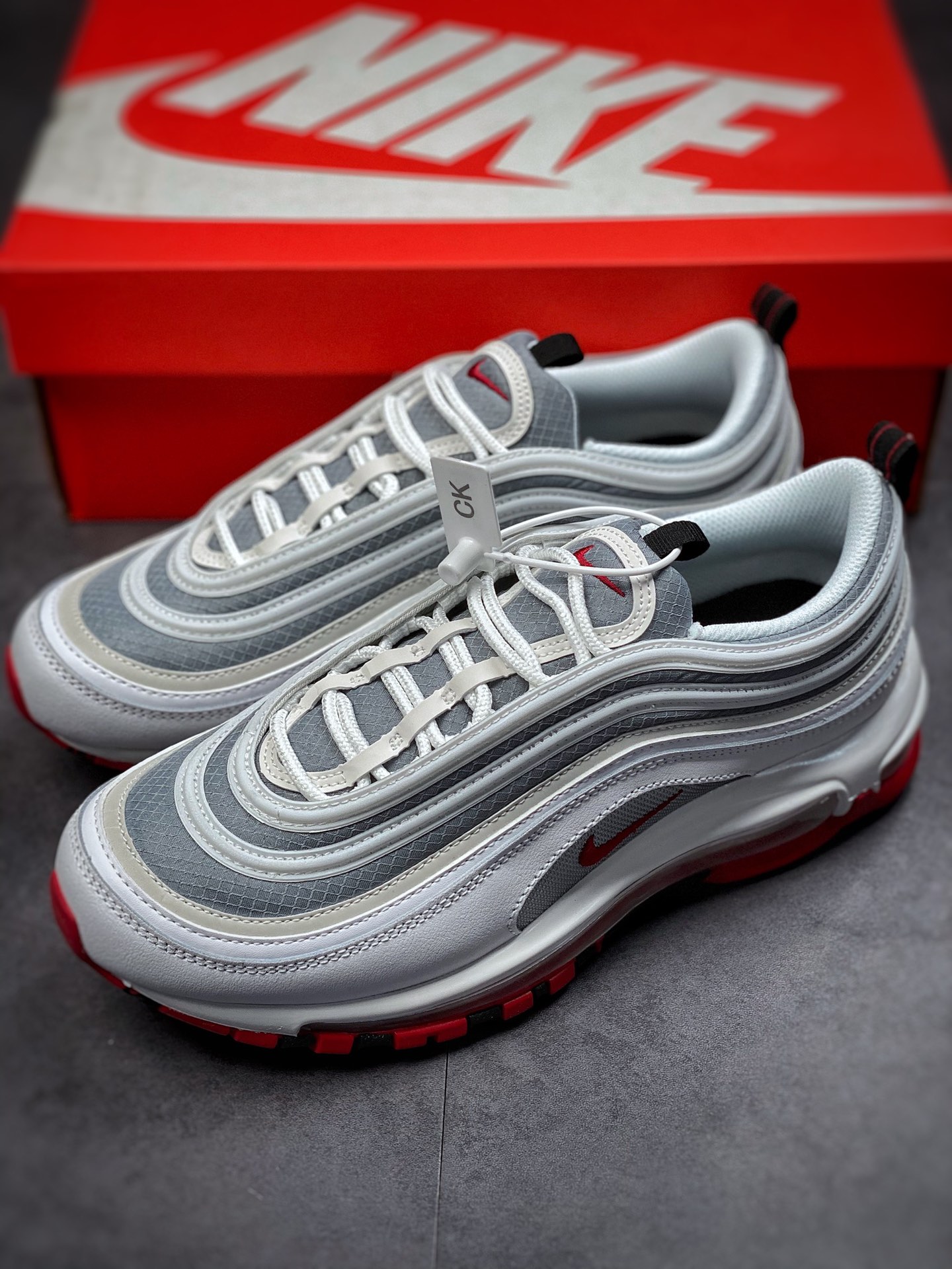 240  Nike Air Max 97  复古子弹 气垫百搭休闲运动慢跑鞋 白银灰红 DM0027-100