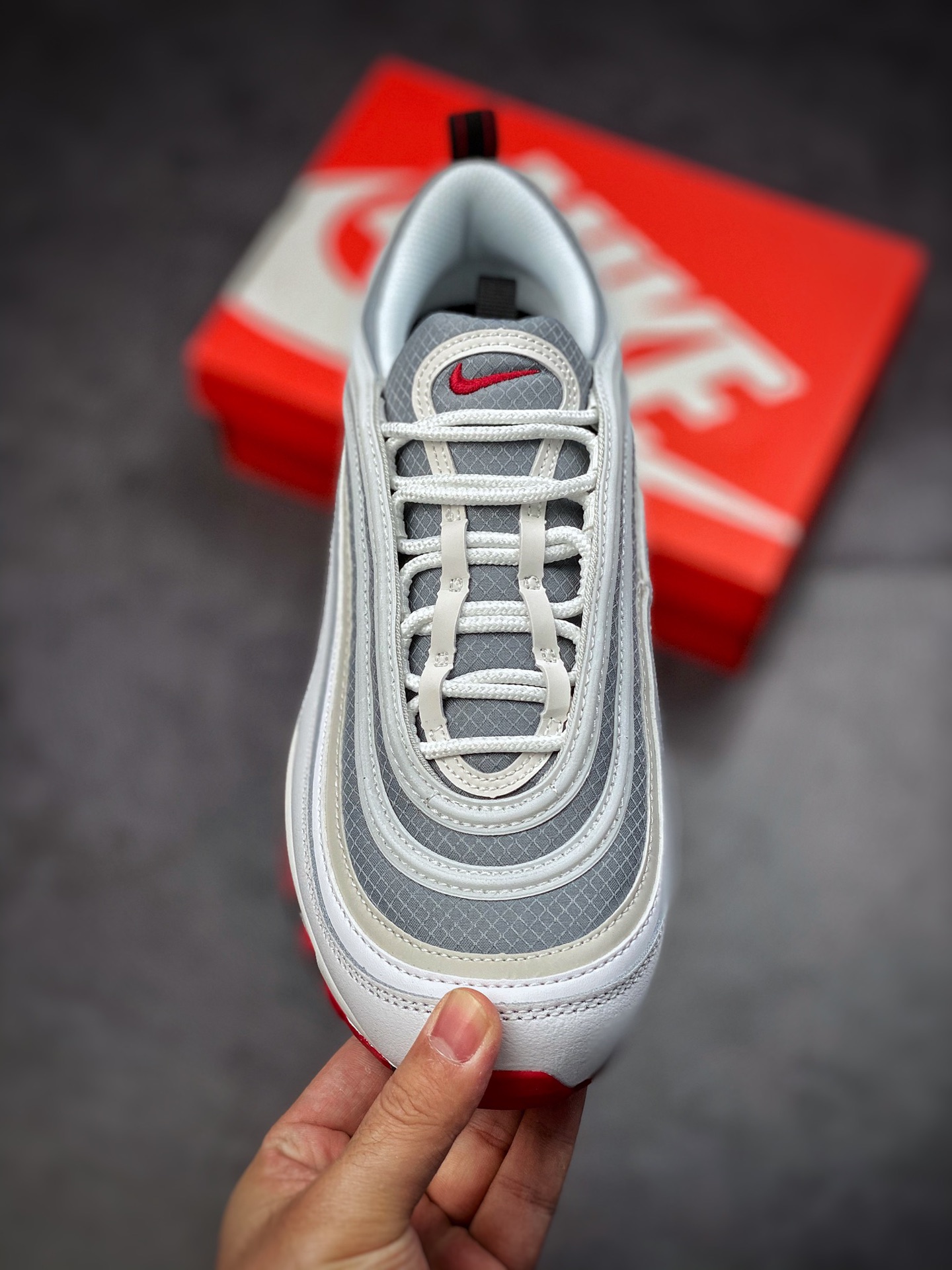 240  Nike Air Max 97  复古子弹 气垫百搭休闲运动慢跑鞋 白银灰红 DM0027-100