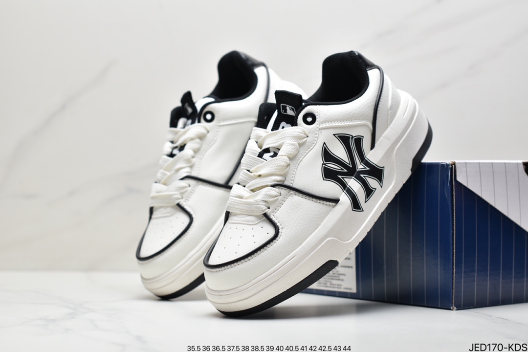 150 MLB Chunky Liner New York Yankees学长鞋系列低帮老爹风轻量增高厚底百搭休闲运动慢跑鞋“皮革白黑NY印花”3ASXCA12N-50WHS