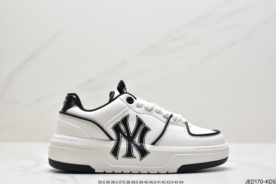 150 MLB Chunky Liner New York Yankees学长鞋系列低帮老爹风轻量增高厚底百搭休闲运动慢跑鞋“皮革白黑NY印花”3ASXCA12N-50WHS