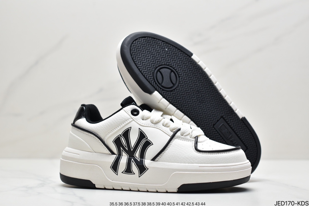 150 MLB Chunky Liner New York Yankees学长鞋系列低帮老爹风轻量增高厚底百搭休闲运动慢跑鞋“皮革白黑NY印花”3ASXCA12N-50WHS