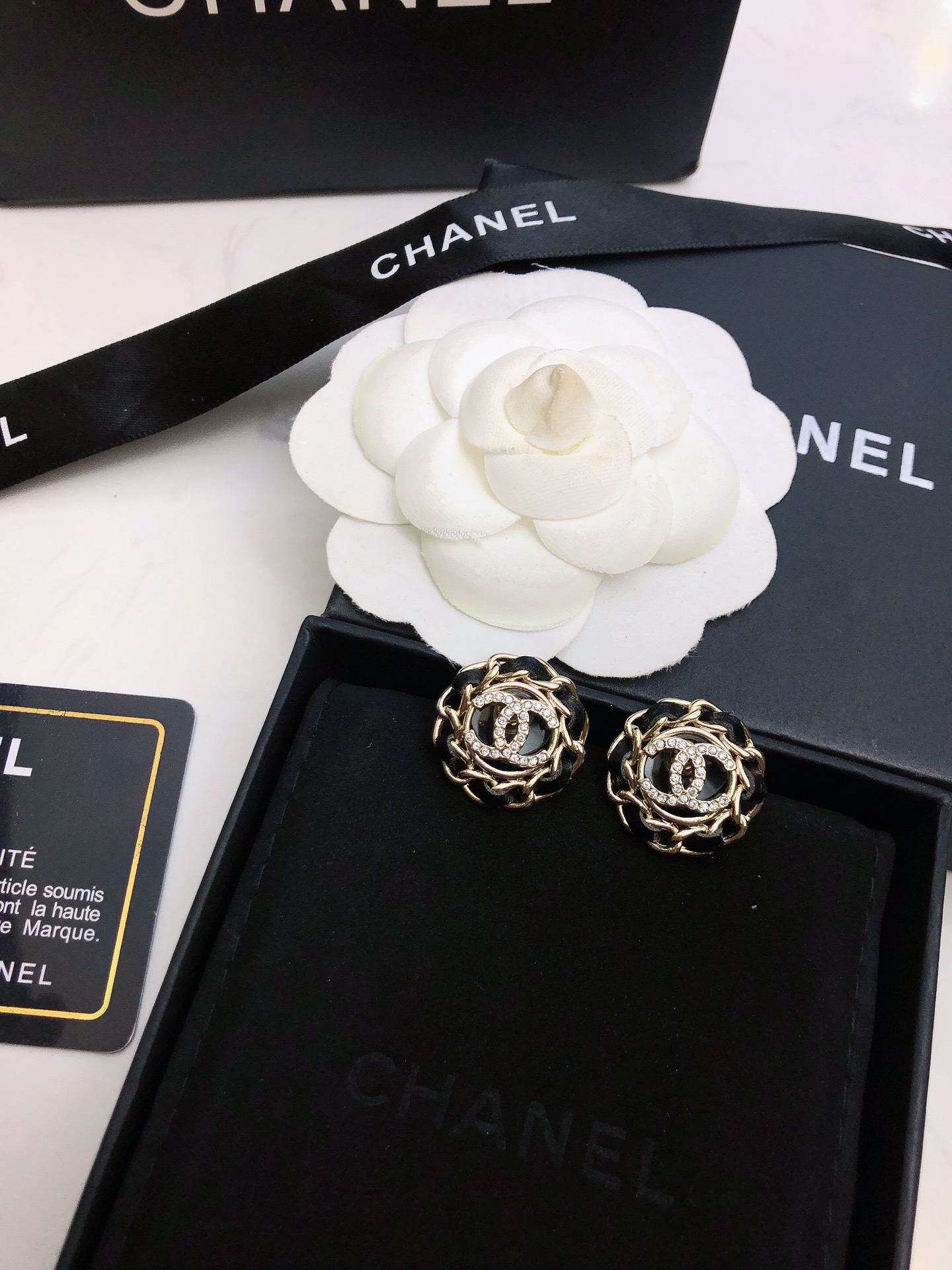 Chanel Jewelry Earring Black Yellow 925 Silver Brass Genuine Leather Sheepskin