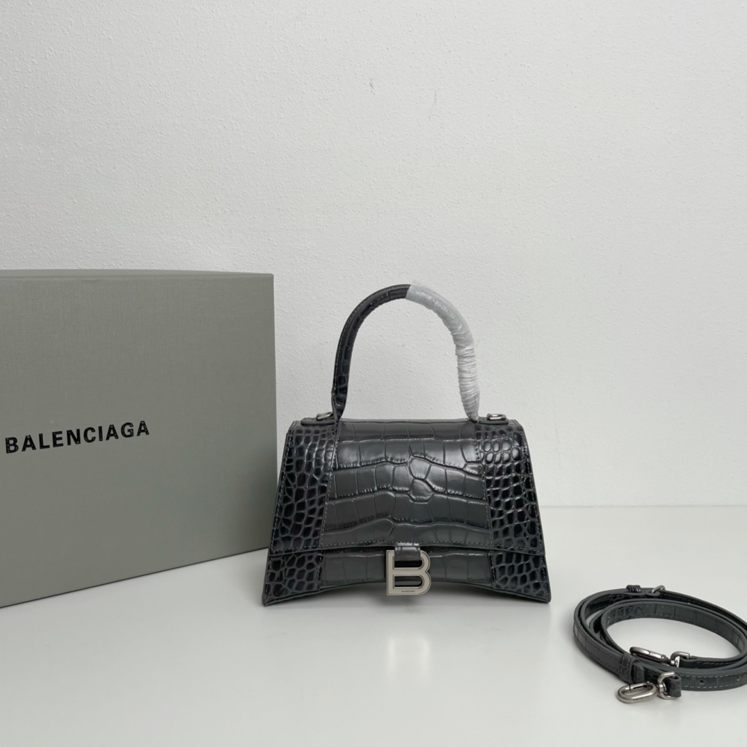 巴黎世家BalenciagaHourglass沙漏包S号2️3️cm高端气质的黑灰色进口原单小牛皮压纹鳄