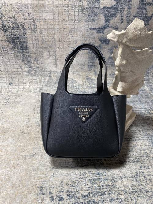 Prada Mini Leather Tote Bag with Metal Logo - Black 1 Prada Mini Leather Tote Bag with Metal Logo - Black