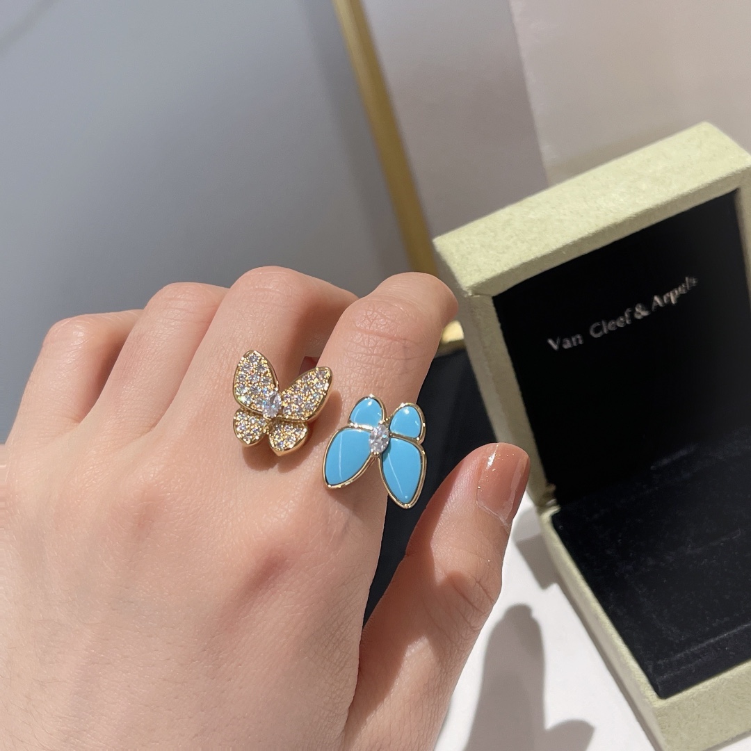 NO:720788,VCA Two Butterfly Series FR027# turquoise double butterfly diamond ring, natural turquoise, imported zircon, K yellow plated, simply dazzling, ring, Cardia high-end jewelry19860909VCA Two Butterfly系列 FR027#绿松石双蝴蝶镶钻戒指 天然绿松石 进口锆石 镀k黄 简直光彩夺目,,ring,卡迪亚高端饰品,Jewelry